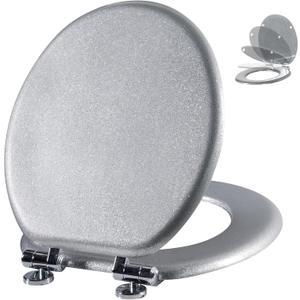 Angol Shiold Glitter Toilet Seat Molded Wood Round Toilet Seat with Quietly Close and Quick Release Hinges, Easy to Clean also Easy to Install (Round 16.5'', Silver)
