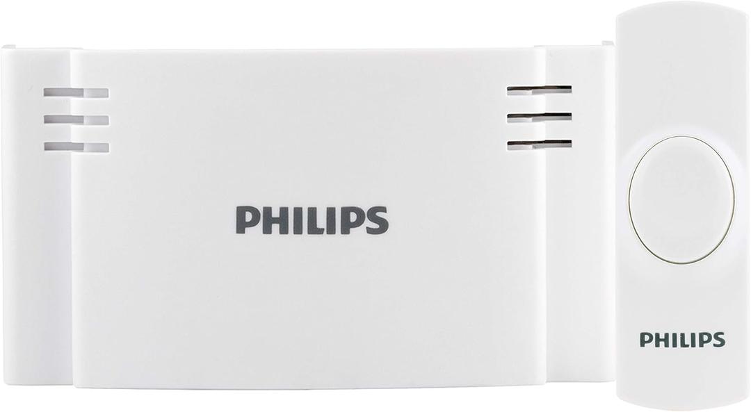Philips Wireless Doorbell Kit, Battery-Operated Reciever, 1 Push Button, 2 Melodies, 4 Volume Levels, 150 Ft Range, White, DES1120W/27