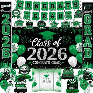 Graduation Decorations Class of 2026, Green Graduation Decorations Set, Banner & Backdrop, Porch Sign, Hanging Swirls, Balloons, Honeycomb Centerpieces, Graduation Guest Book for Congrats Grad Party