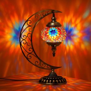 Hortsun Turkish Lamp Moon Shaped Moroccan Lamp Turkish Mosaic Stained Glass Table Light with Bronze Base Colorful Moroccan Globe Light for Decorative Home Designs