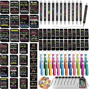 Pasimy 218 Pcs Inspirational Stationery Gifts Motivational Mini Notepad Pen Quote Bookmarks Stress Relief Stickers Inspiring Silicone Keychains for Home Office Appreciation Gift(Dark)