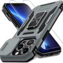 DEERLAMN Case for iPhone 13 Pro with Slide Camera Cover+Screen Protector(1 Pack),Rotated Ring Kickstand Military Grade Shockproof Protective Cover-Grey