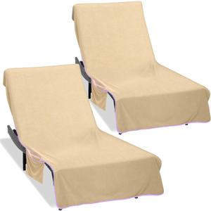 Ruikyhom Super Soft & Thick Lounge Chair Towel Cover (Pack of 2), Chaise Lounge Cover with Pockets, Beach Chair Cover for Pool Beach Garden Courtyard and Trips, 85 x 30 in Pool Chair Cover, Camel