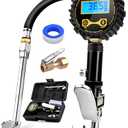 AZUNO Digital Tire Inflator with Pressure Gauge, 200 PSI, Heavy Duty Air Compressor Accessories, with Rubber Hose Lock on Air Chuck and Quick Connect Coupler, Comes with a Portable Carrying Box