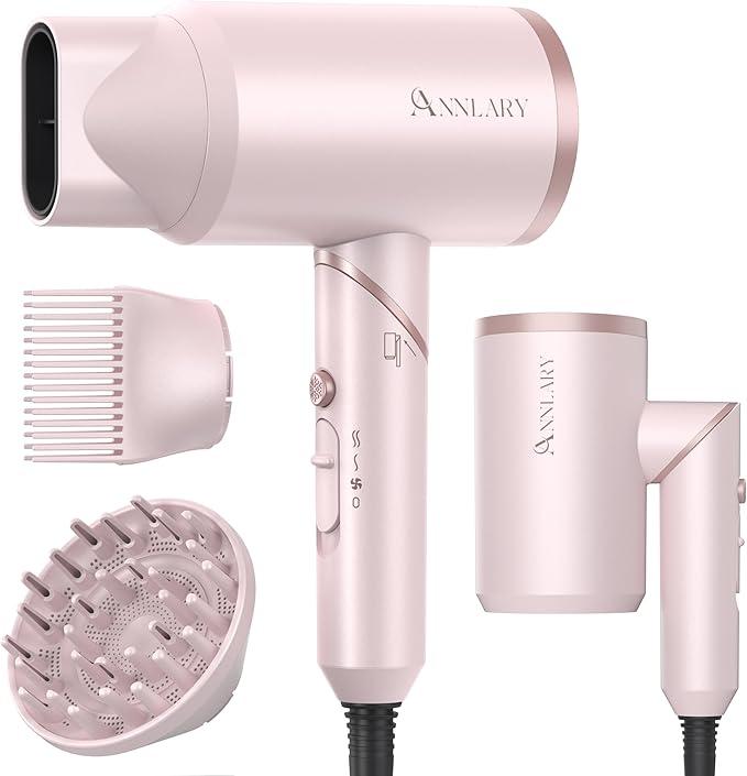 ANNLARY Pink Hair Dryer with Comb | 1800W Blow Dryer with Diffuser for Curly Hair | Plasma Ionic Hairdryer for Frizz Control | Foldable & Protable Design for Travel | 6.5 ft ALCI Cord for Women and Men