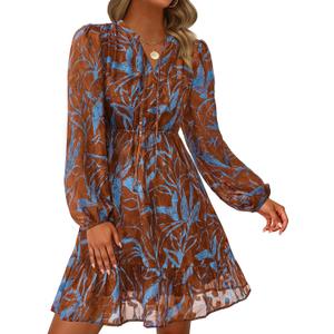 PRETTYGARDEN Women's Fall Boho Dresses 2026 Floral Long Sleeve V Neck Mini Flowy Wedding Guest Dress Trendy Vacation Outfits (M)