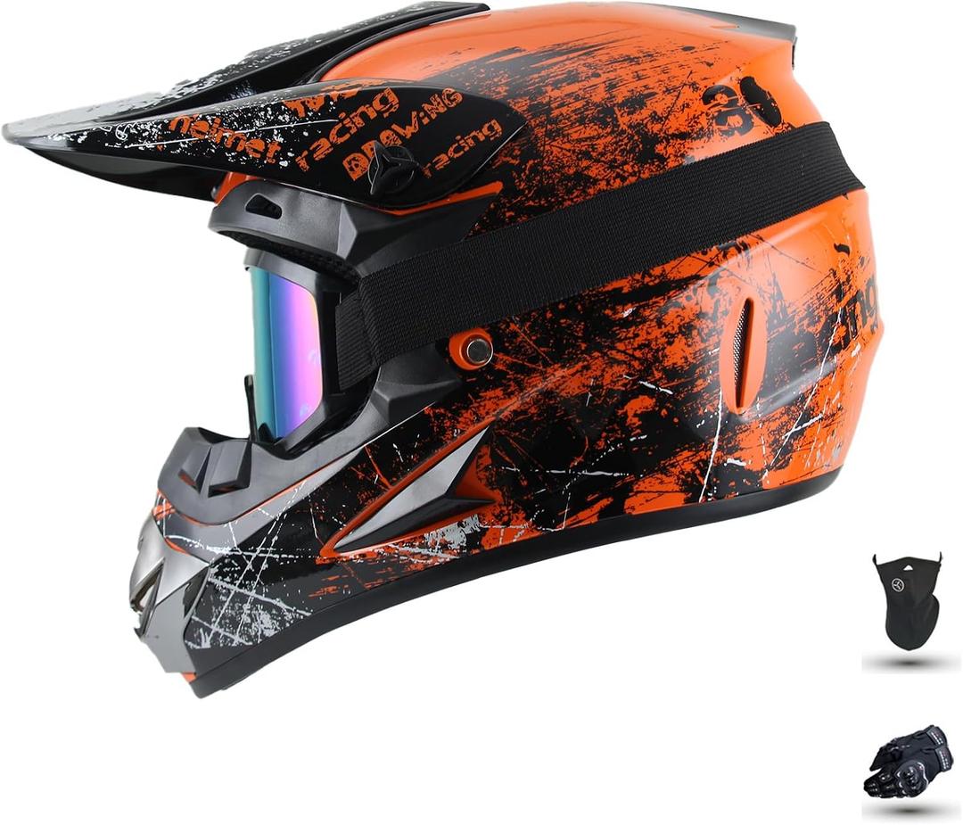 Youth Dirt Bike Helmet DOT Approved Dirtbike Helmets for Kids ATV Helmets with Goggles, Gloves & Mask, for Dirt Bike, ATV, BMX Off-Road