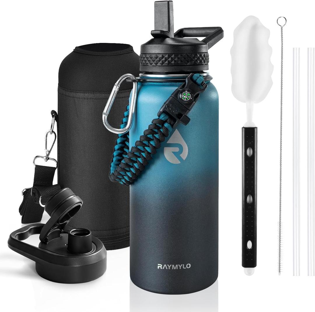 Insulated Water Bottle 32 oz, Triple Wall Vacuum Stainless Steel (Cold for 48 Hrs, Hot for 24Hrs), Leak Proof & Non-BPA, 32oz Hydro Water Flask with Paracord Handle & Straw Spout Lids (Indigo/Black)