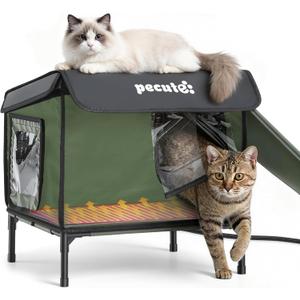 Pecute Heated Outdoor Cat House with Heating Pad - Weatherproof Insulated Winter Shelter for Outside Feral Cats, Cathouse with 2 Exits, Reinforced Metal Frame, Expanded Canopy for Porch Garage Barn (Small)