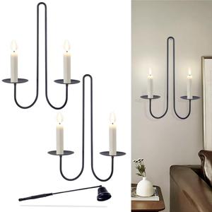 Double Armed Candle Sconce Holder, Set of 2 Wall Candle Holders with Candle Snuffer, Modern Wall Iron Candle Sconces Hanging Decorations for Living Room, Farmhouse, Fireplace, Wedding