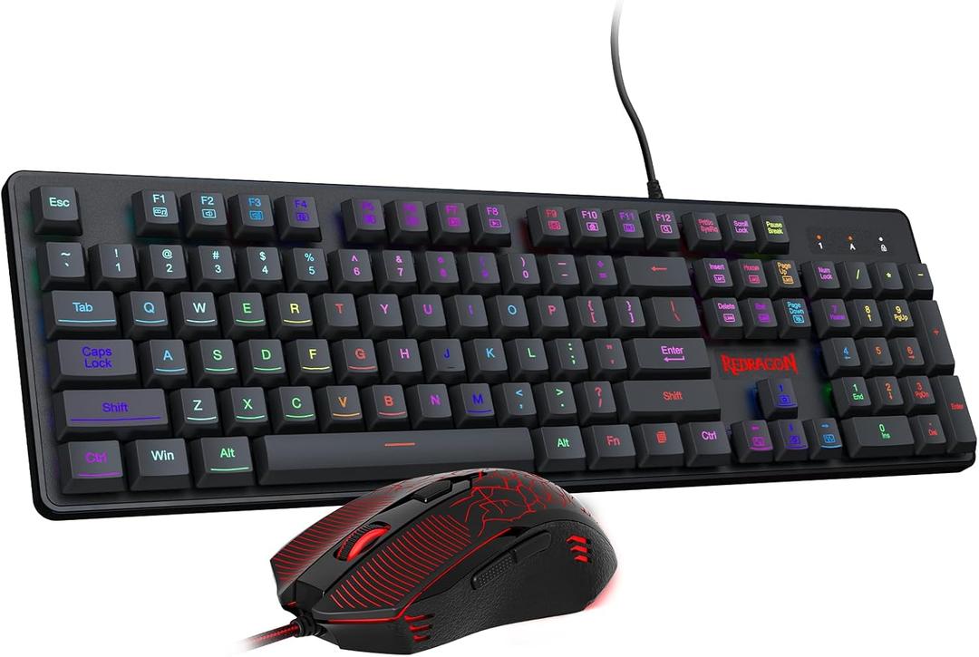 Redragon Gaming Keyboard and Mouse, RGB Gaming Keyboard and 3200 DPI Mouse Combo with 26-Key Anti-Ghosting, Plug & Play to PC, Laptop, Windows, S107Newest (S107-BA, Black)