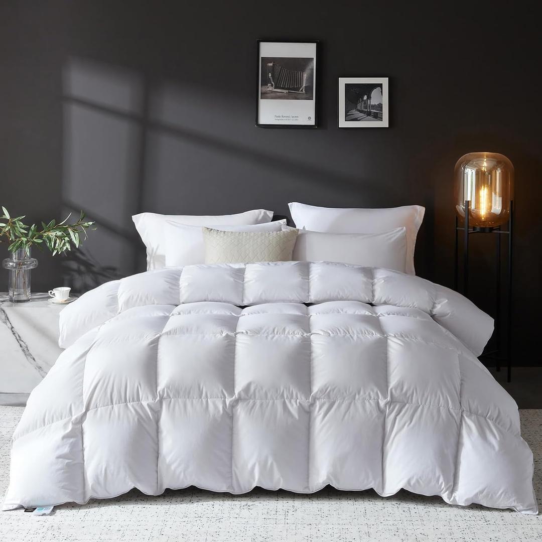 L LOVSOUL Goose Feather Down Fiber Comforter Queen Size, 100% Organic Cotton Fabric Duvet Insert,1200TC,750+Fill Power, Hotel Collection, All Season White Bedding Comforters with 8 Tabs