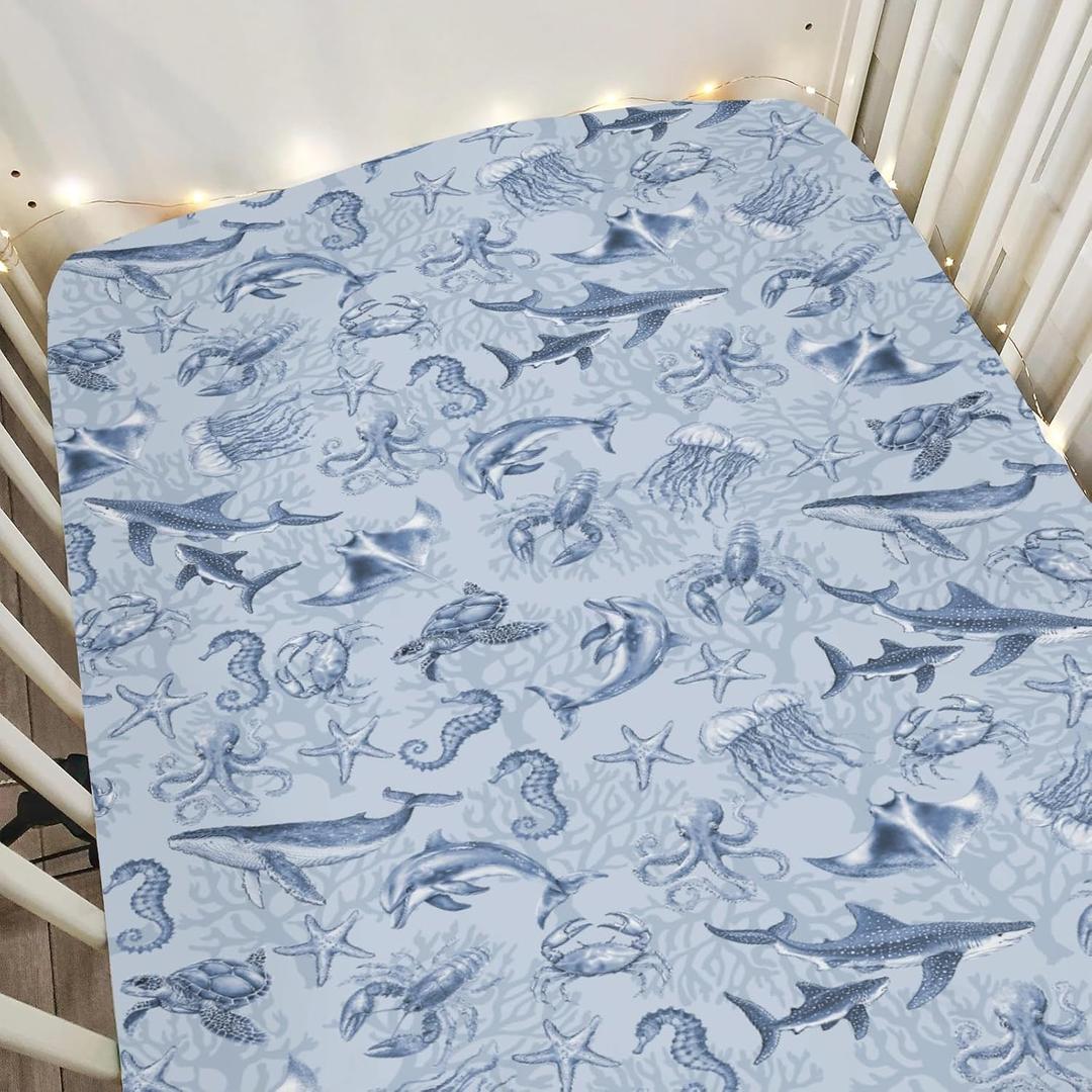 Retro Marine Animals Baby Crib Sheets Boy Girl 28"x52" Whale Dolphin Jellyfish Sea Horse Turtle Coral Soft Snug Fitted Crib Mattress Cover Ocean Animal Baby Sheet for Standard Crib & Toddler Mattress (One size, Blue)