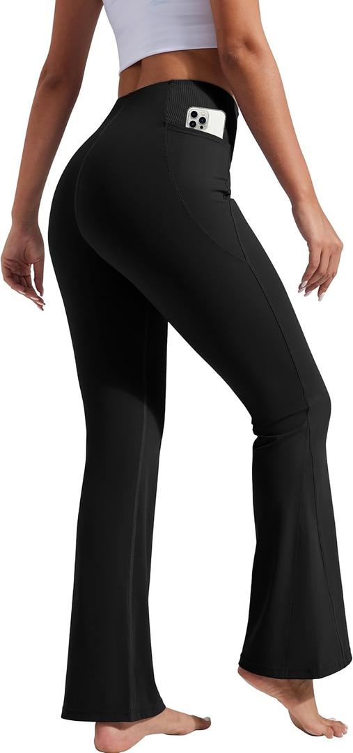 Pioneer Camp Women's Flare Yoga Pants Bootcut Flared Leggings with Pockets High Waist Tummy Control Bell Bottoms Gym Workout (Large, Black)