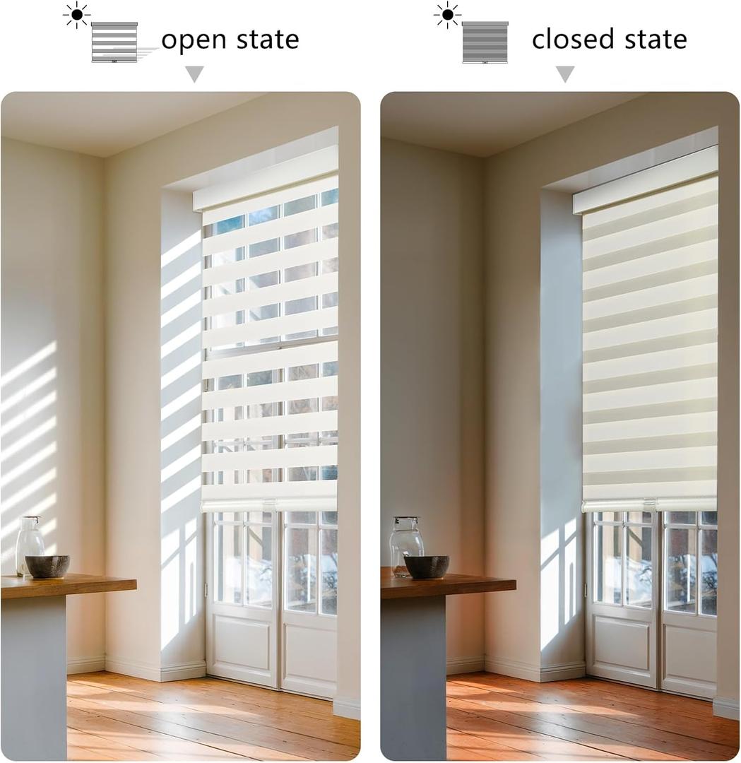 AOSKY Cordless Zebra Blinds for Windows Pull Down Roller Window Shades Dual Layer Light Filtering Privacy for Day and Night, Free-Stop Door Shades for Home Easy to Install (34" W X 72" H, White) 3