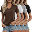 Riyiper 4 Pack Women's V Neck T Shirts, Summer Casual Short Sleeve Tops Cotton Loose Rolled Sleeve Tees 2025 Trendy Shirts (X-Large, Gray, White, Brown, Black)