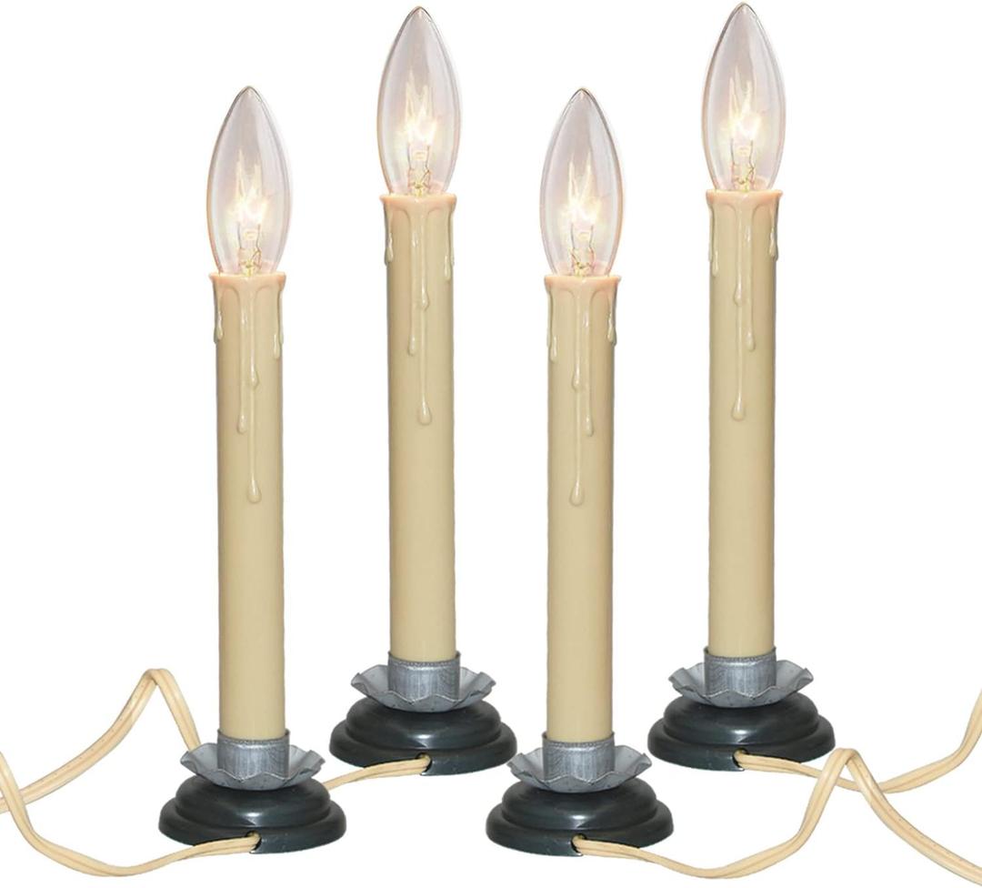 6 x Abeja 7'' Electric Window Candle, Flickering Flameless Taper Fake Candles with On/Off Switch, 7W C26 Lights Bulb, 5FT Candles Lights- 4Pk Beige