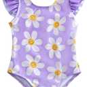 Aruzig Toddler Baby Girl Swimsuit Ruffle Bathing Suit Pattern Print One Piece Beach Swimwear for Girls (Purple Flower, 5-6 Years)