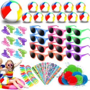 Pool Beach Party Favors, 72Pcs Summer Pool Toys Goodie Bags Set for Kids Inflatable Beach Balls, Sunglasses, Slap Bracelets, Water Gun, Water Balls, Whistles for Kids Birthday Party Decorations