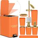 Bathroom Accessories 8 Piece Orange and Gold Bathroom Set, Bath Accessories with Stainless Steel Trash Can,Toilet Brush,Toothbrush Set,Soap Dispenser
