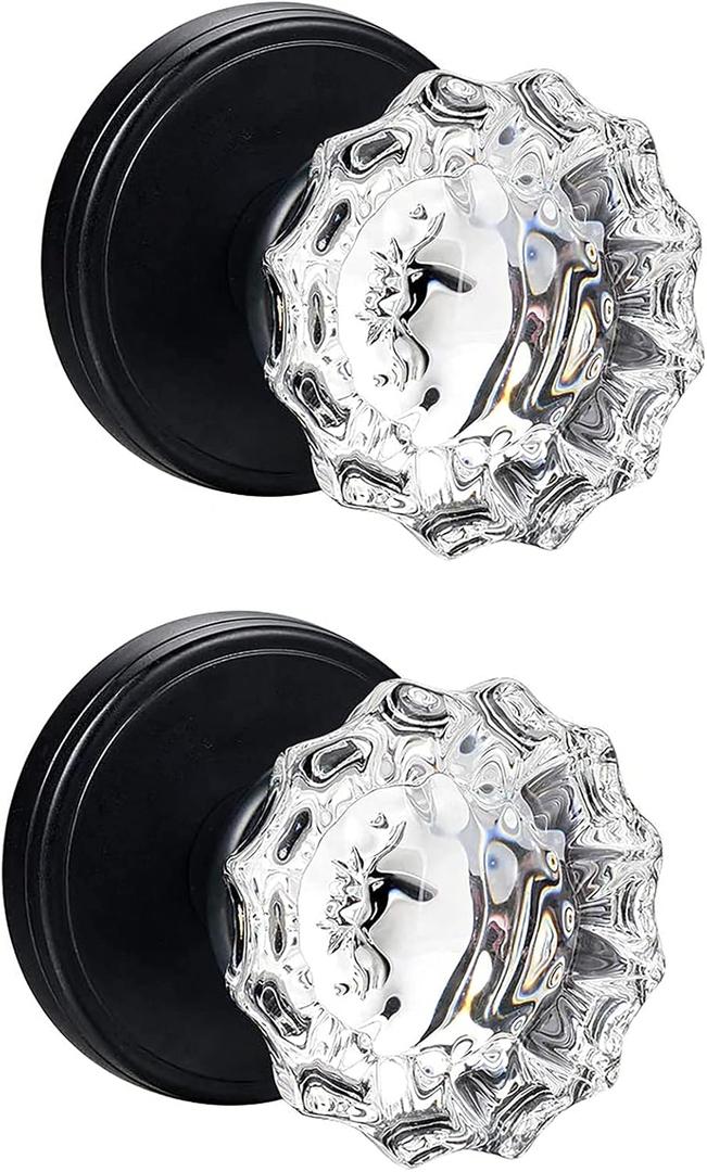 Glass Dummy Door Knobs Interior, Inactive Matte Black Vintage Crystal Dummy Door Knobs for Hall and Closet (2 Pack)