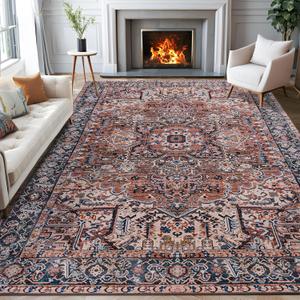 ISEAU Washable Vintage Rugs - 6x9 Bedroom Area Rugs, Large Indoor Machine Washable Non-Slip Rugs for Living Room, Dining Room, Kitchen, Office, Soft Low Pile Vintage Floor Carpets Home Decor (Brick Red)