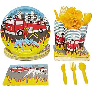 BLUE PANDA - Firetruck Birthday Party Decorations, Paper Plates, Napkins, Cups and Plastic Cutlery (Serves 24, 144 Pieces) - Fire Truck Plates - Fire Truck - Party Decoration - Birthday Supplies
