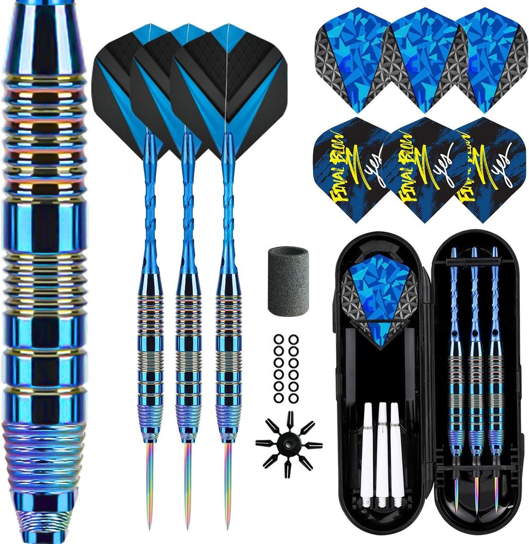 Darts Metal Tip Set 3 Aluminum Shaft Metal Dart Set Professional Darts Steel Tip Sets + Extra Dart Flights 3 Replace Plastic Shafts Beginner or Professional Darts 22g (Blue)
