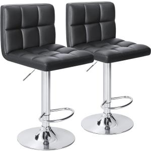 Homall Bar Stools Modern PU Leather Adjustable Swivel Barstools, Armless Hydraulic Kitchen Counter Bar Stool Extra Height Square Island Barstool with Back Set of 2 (Leather, Black) (Black)