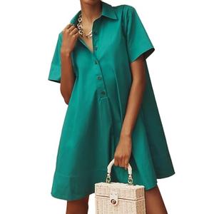 JEIBKOUY Women's Short Sleeve Swing Tunic Mini Dress Button Up Blouse Shirt Summer Loose Casual Flowy A Line Short Dresses Green L