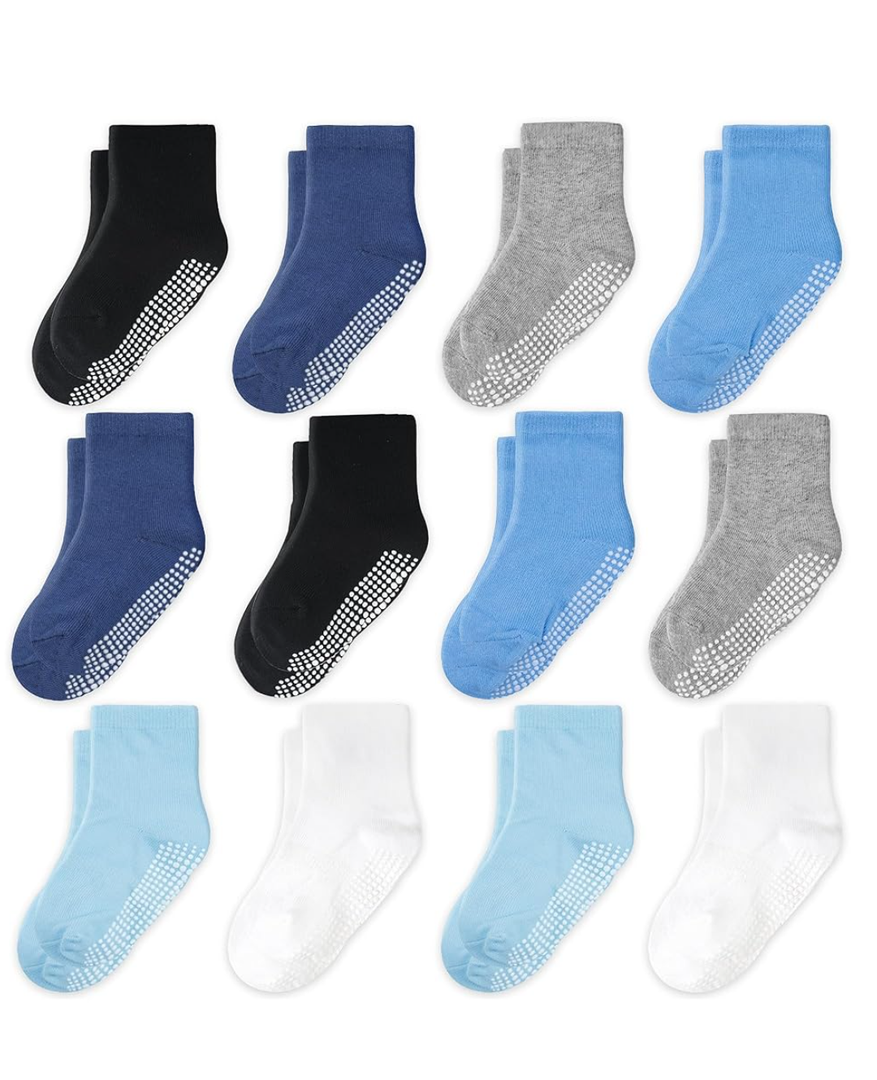 CozyWay Kids Socks With Grippers Non Slip Crew Grip Socks for Girls and Boys Soft Comfy Cotton Unisex - 12 Pack, 3-5 T