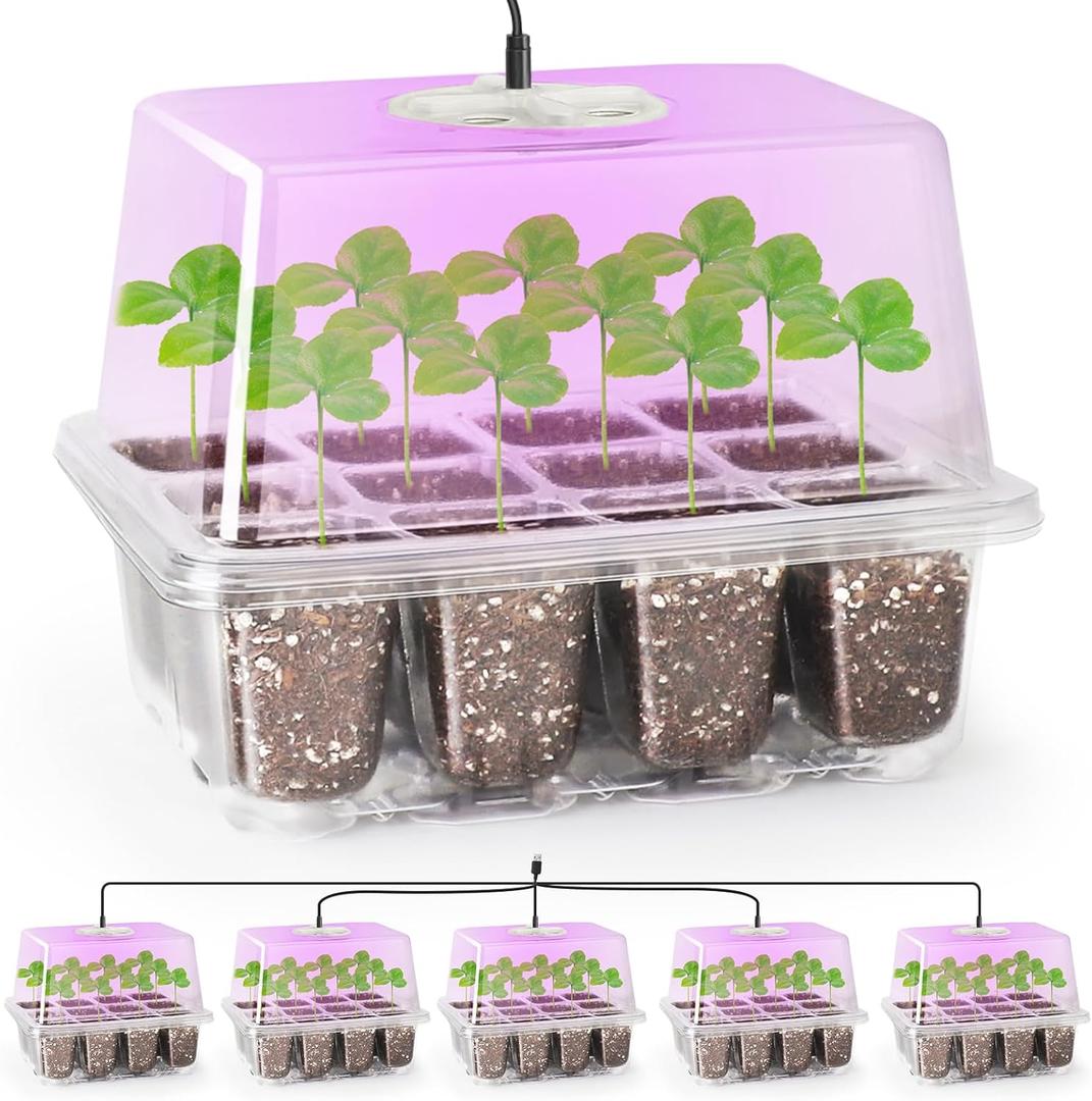 Bonviee 5 Packs Seed Starter Tray with Grow Light, Elevated Seedling Starter Trays Kits with Adjustable Humidity Domes and Clear Cell Tray, 12 Full Spectrum led lamp Beads for Plants Indoor-Clear (5 Packs, with light)