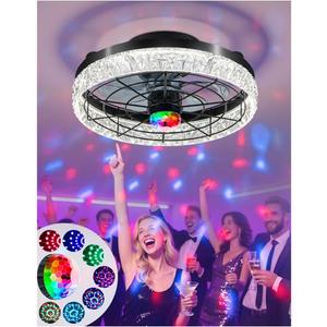 Disco Ceiling Fans with Lights,7 Color Disco Ball Modes, Flush Mount Low Profile Ceiling Fan with Light and Remote Control Dimmable 3 Color Reversible Motor 6 Speeds for Bedroom Living Room Party (Black)