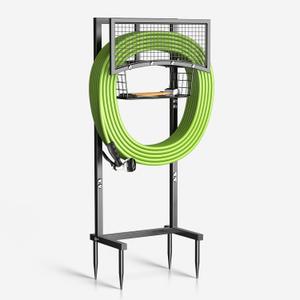 Garden Hose Holder Freestanding with Storage Basket, Heavy Duty Metal Water Hose Holder with 4 Anchor Spikes, Holds Up to 150FT of Hose for Yard, Lawn & Patio