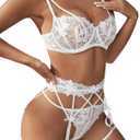 Avidlove Lingerie For Women Floral Lace Garter Lingerie Set Underwire Bra Panty Set With 1pair Leg Ring (Medium, White)