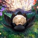 Huaxu Solar Lights Outdoor Garden Decor Metal Black Lotus Decoration, Crackle Globe Glass Waterproof LED Outside Table Lamp for Patio,Lawn, Yard,Walkway,Tabletop,Ground Gifts for Mom