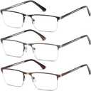 For Men Blue Light Blocking Reading Glasses, Half Frame Metal Readers with Spring Hinge, 3-Pack (Black&Gunmetal&Brown)