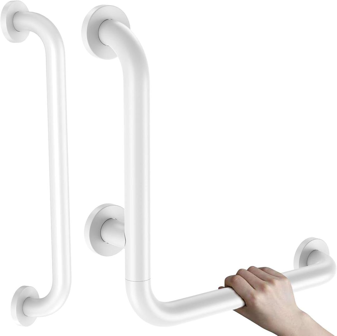 16 Inch L-Shaped Angled Grab Bar for Shower Bathtub, White | with 16" Bathroom Safety Handrail, Stainless Steel Bathtub Toilet Safety Handrail for Wall, Balance Support Bar for Seniors
