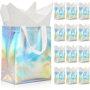 KeerxunBag 12pcs Reusable Gift BagsIncludes Tissue Paper Gift bag with handle Birthdays Parties Holidays Weddings Medium 10x4x8in holographic Gift Bags