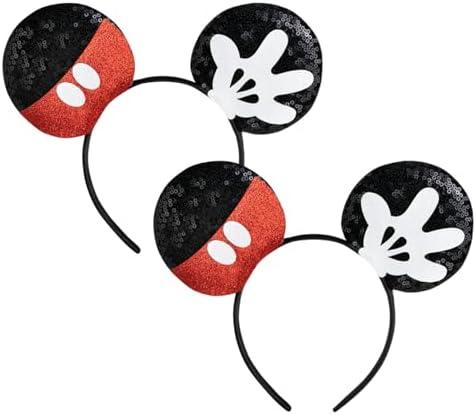 CHuangQi 2pcs Mouse Ears Headbands with Shiny Bow Double-sided Sequins Glitter Hair Accessories for Birthday Party Celebration (XC25-2)