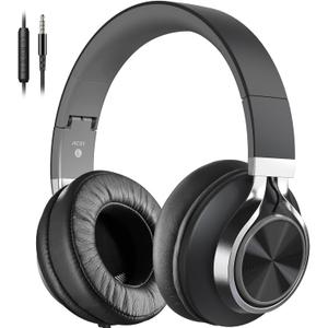 AC01 Headphones Wired Noise Isolating Over Ear, Corded Stereo Headsets with Microphone Volume Control for Adults Teens 3.5mm for Cellphones, Tablets, Laptop, Chromebook (Black Grey)