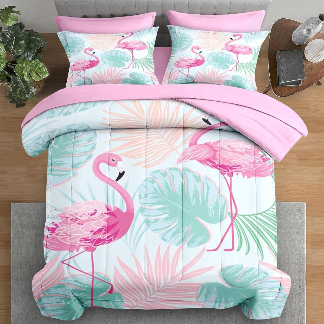 Comforter Set Queen Size, Tropical Flamingo Pink 7 Pcs Bedding for Kids and Adults, Hawaii Palm Plant Summer Bed Sheet Sets with Fitted Sheet 2 Pillowcase & 2 Sham for Bedroom Bed Decor