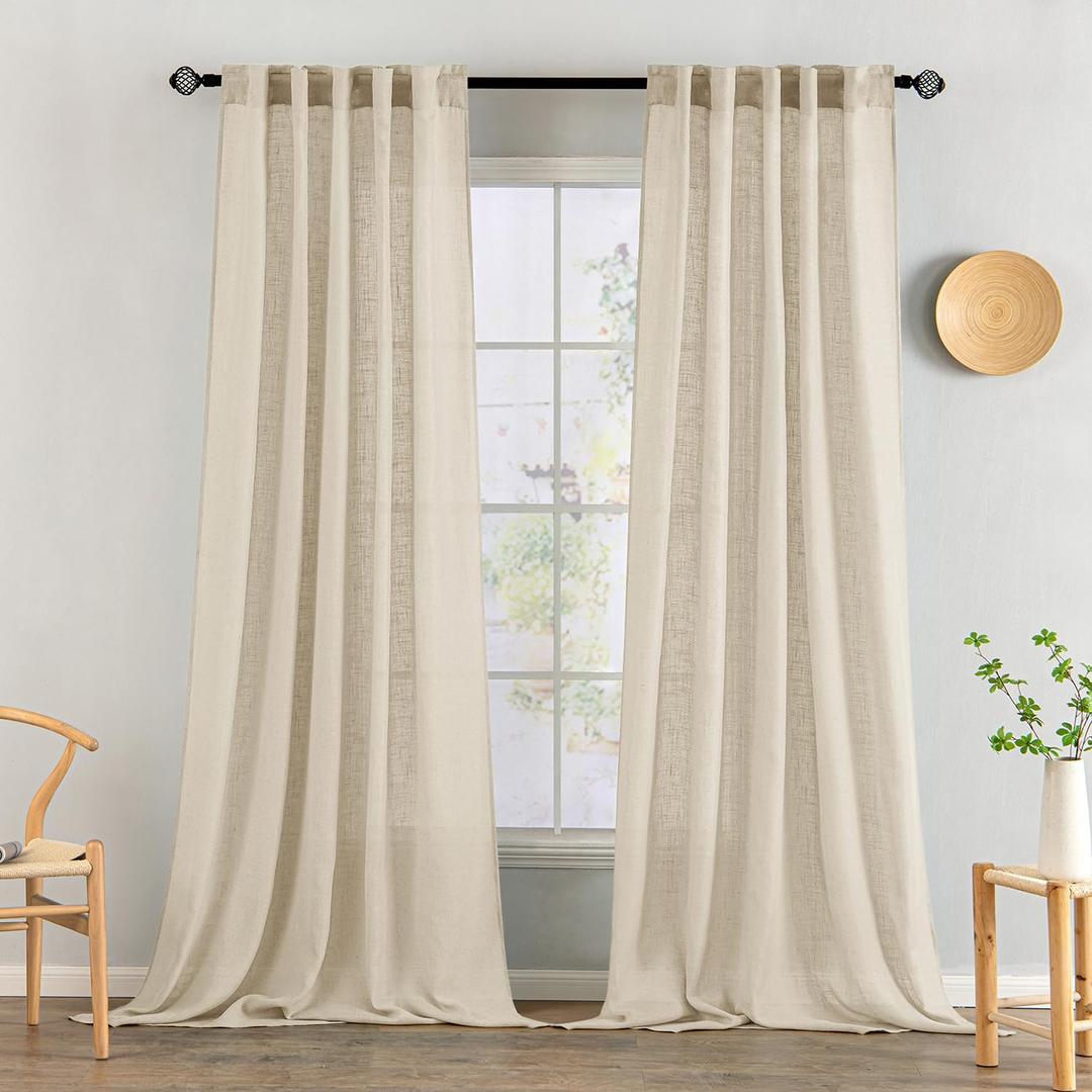 MIULEE Linen Curtains 90 Inch Length 2 Panels for Bedroom Living Room, Soft Thick Linen Textured Back Tab Window Drapes Semi Sheer Light Filtering Rod Pocket Modern Farmhouse Decor