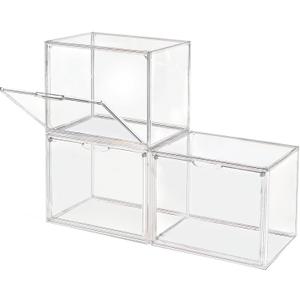 Clear Stackable Plastic Storage Bins with Magnetic Lid, Dustproof Book & Cosmetic Display Cases, Large Figures Collectibles Showcase, Shoe Box, Protection Organizer (Transparent, L-3 Pack)