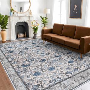 8x10 Area Rug Floral - Washable Rugs for Living Room Vintage Area Rugs Large Low Pile Carpets for Bedroom Soft Non Slip Area Rug for Dining Room Office 8x10 Blue/Cream