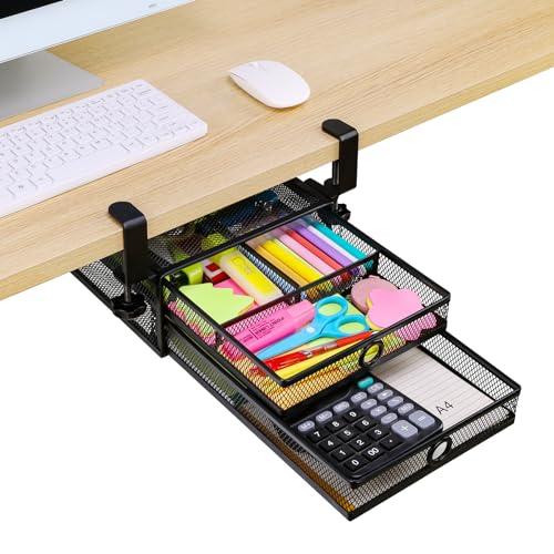 ROSYLINE Under Desk & Desktop Drawer Organizer - 2-Tier Metal Slide Out Drawers Organizer, Storage for Home Office Desk (Black)