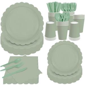 140Pcs Sage Green Paper Plates and Napkins, Sage Green Party Supplies Include Green Scalloped Plate Paper Napkin Cup Plastic Cutlery for Baby Shower, Wedding, Birthday