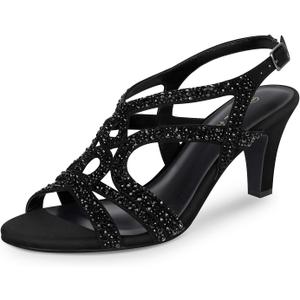 PIZZ ANNU Women's Amelia Heels Sandals Sparkle Crystal Open Toe Slingback High Heel Sandals Dress Pumps Shoes for Party Wedding (9.5, Black)