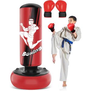 66 Inch Inflatable Kids Punching Bag with Boxing Gloves, Freestanding Boxing Bag, Stand Kids Punching Bag Toy, Bounce-Back Bag Gifts for Kids, Girls, Boxing Set for Practicing Karate, Taekwondo, MMA