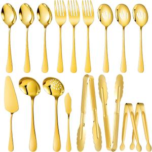 Mwellewm 17Pcs Serving Utensils, Gold Stainless Steel Serving Spoons, Slotted Spoon, Fork, Tongs, Cake Pie Server, Soup Spoon, Metal Buffet Banquet Cutlery Set for Parties Entertaining Catering